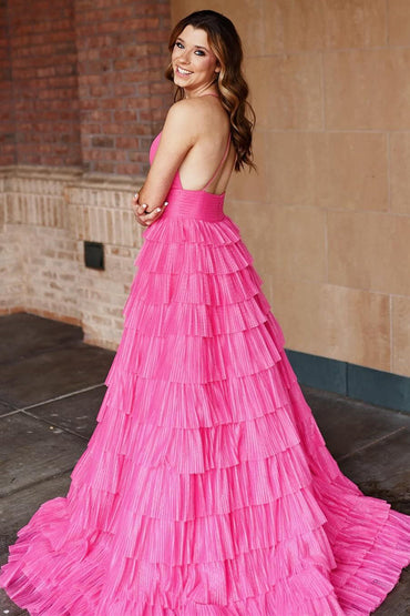 Zhuri | Pleated Magenta Straps Ruffle Layered Formal Dress