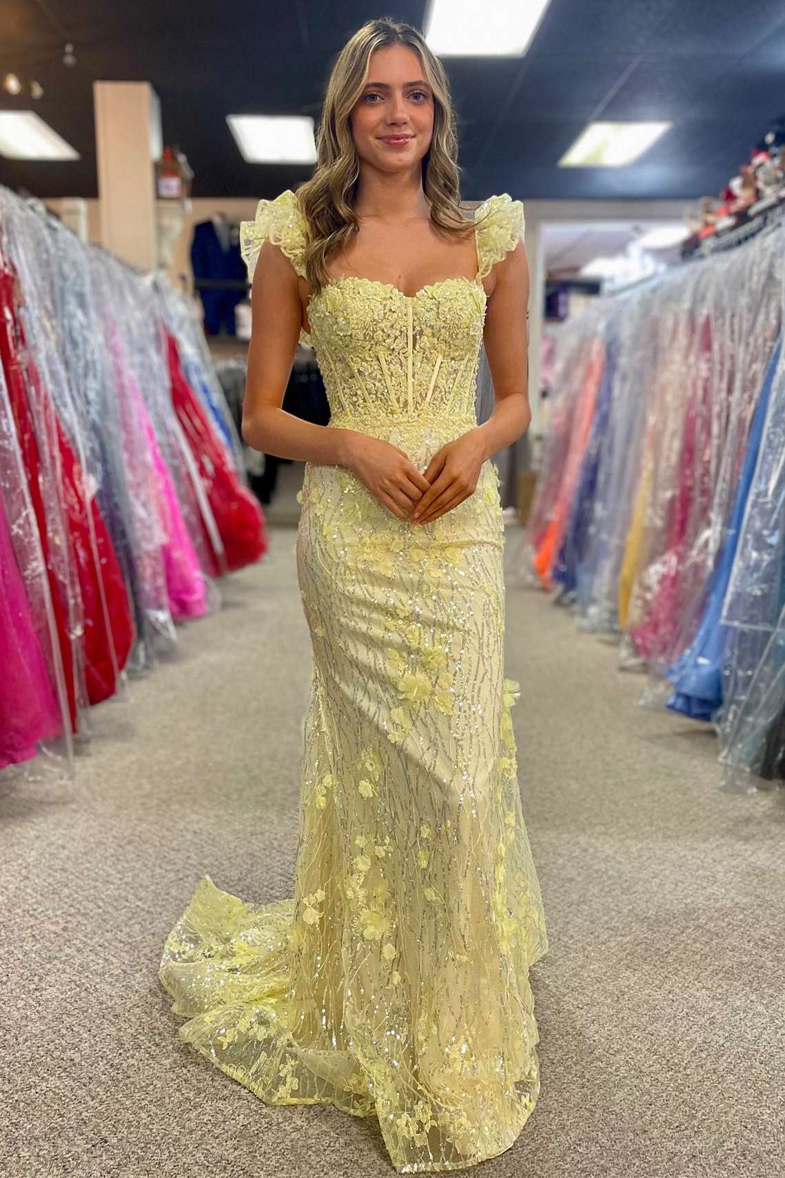 Roycebridal Mckinley | Yellow Ruffle Straps 3D Flower Mermaid Long Prom Dress