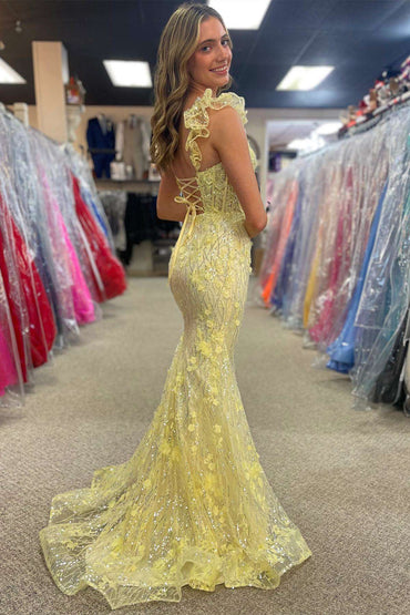 Roycebridal Mckinley | Yellow Ruffle Straps 3D Flower Mermaid Long Prom Dress