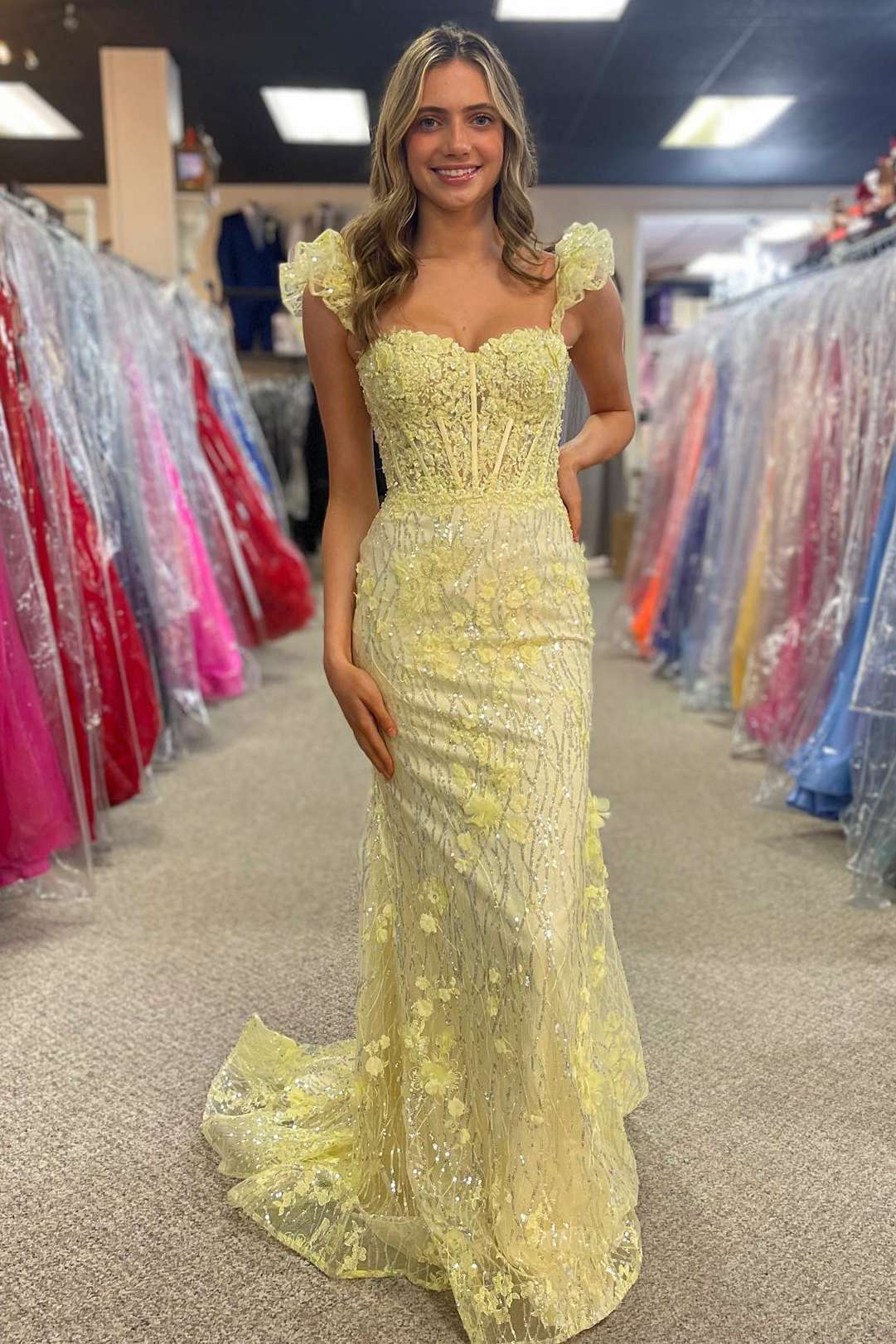 Roycebridal Mckinley | Yellow Ruffle Straps 3D Flower Mermaid Long Prom Dress