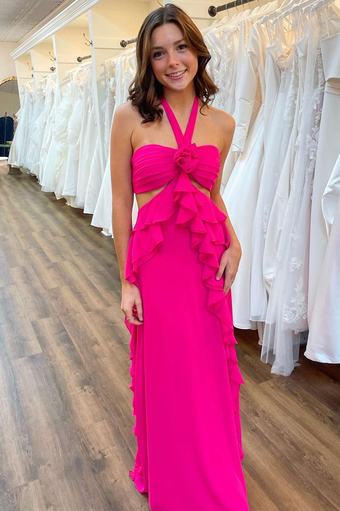 Siena | Halter Magenta Cut Out Ruffle Long Formal Dress