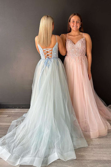 Roycebridal Aileen | V-Neck Lace-Up Appliques Tulle A-Line Prom Dress