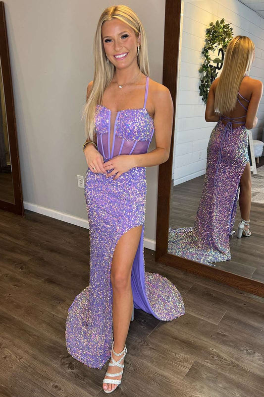 Roycebridal Estelle | Plunging Neck Straps Lavender Sequin Prom Dress