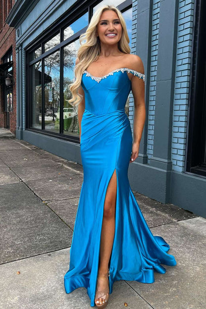 Roycebridal Bellamy | Off the Shoulder Beaded Blue Mermaid Prom Dress with Slit