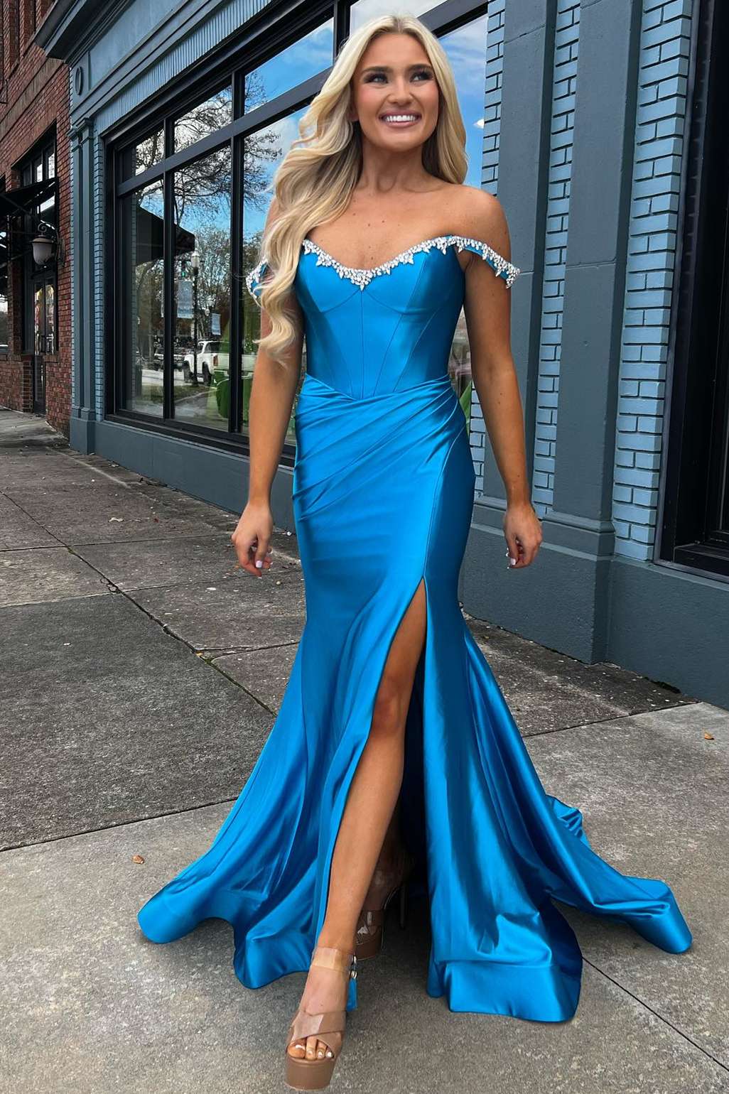 Roycebridal Bellamy | Off the Shoulder Beaded Blue Mermaid Prom Dress with Slit