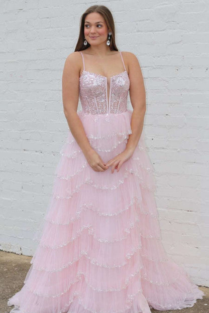 Angie | Straps Plunging Neck Pink Sequin Tiered Prom Gown