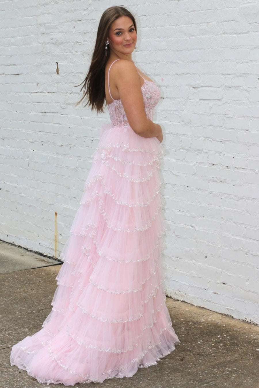 Angie | Straps Plunging Neck Pink Sequin Tiered Prom Gown