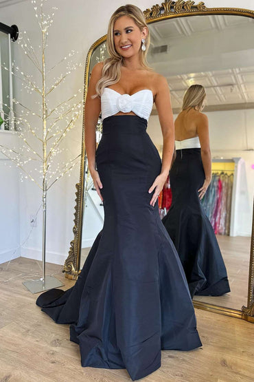 Roycebridal Julie | Strapless White and Black Ruched Mermaid Prom Dress