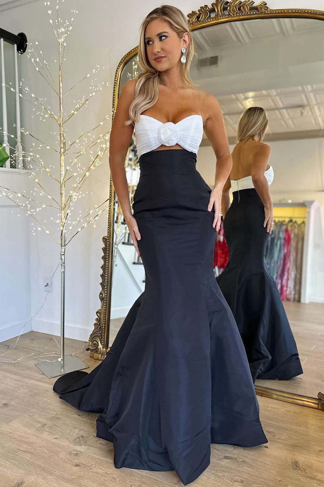 Roycebridal Julie | Strapless White and Black Ruched Mermaid Prom Dress