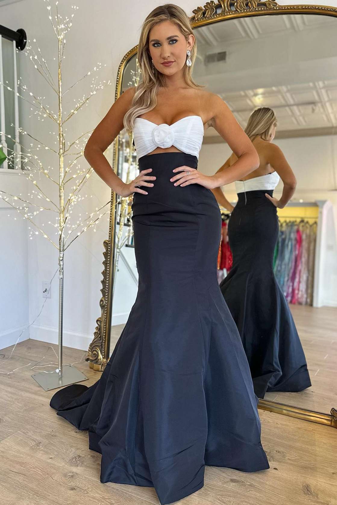 Roycebridal Julie | Strapless White and Black Ruched Mermaid Prom Dress