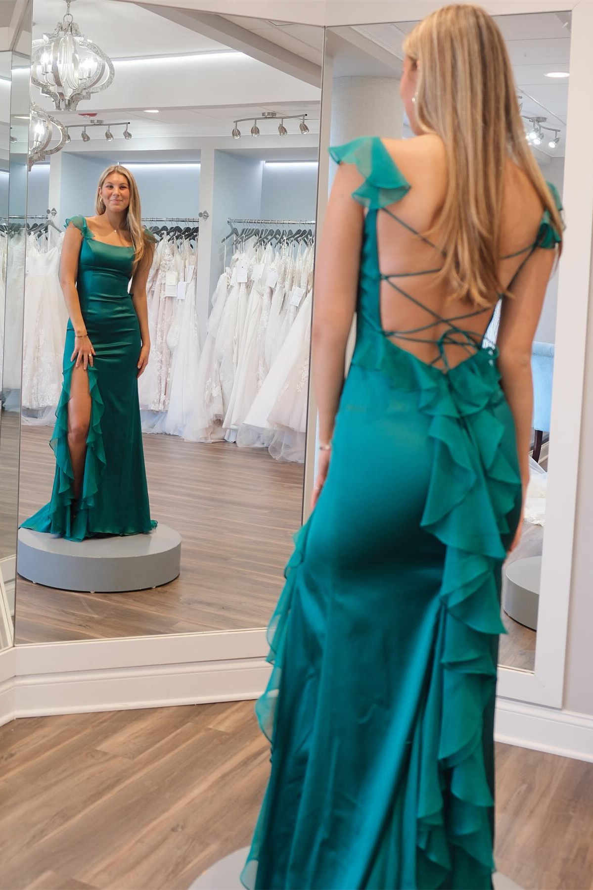 Roycebridal Ailani | Emerald Green Square Neck Ruffle Slit Prom Dress