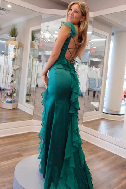 Roycebridal Ailani | Emerald Green Square Neck Ruffle Slit Prom Dress