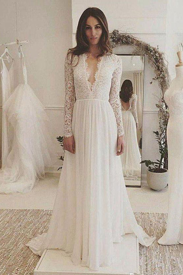 Fabulous Ivory Lace Chiffon Long Sleeves Backless V-Neck Wedding Dresses, MW173 | lace wedding dress | long sleeve wedding dresses | bridal gowns | bridal dresses | cheap wedding dresses | www.musebridals.com