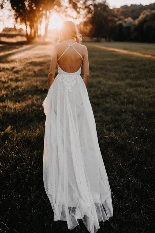 Tulle A-line Backless V-neck Appliqued Wedding Dress, Birdal Gown, MW606 | lace wedding dresses | bridal outfit | wedding gowns | www.musebridals.com