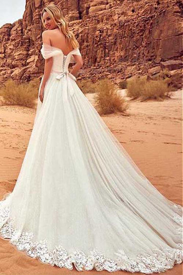 Roycebridal Fabulous White A-line Off Shoulder Tulle Wedding Dresses with Sweep Brush Train, MW235