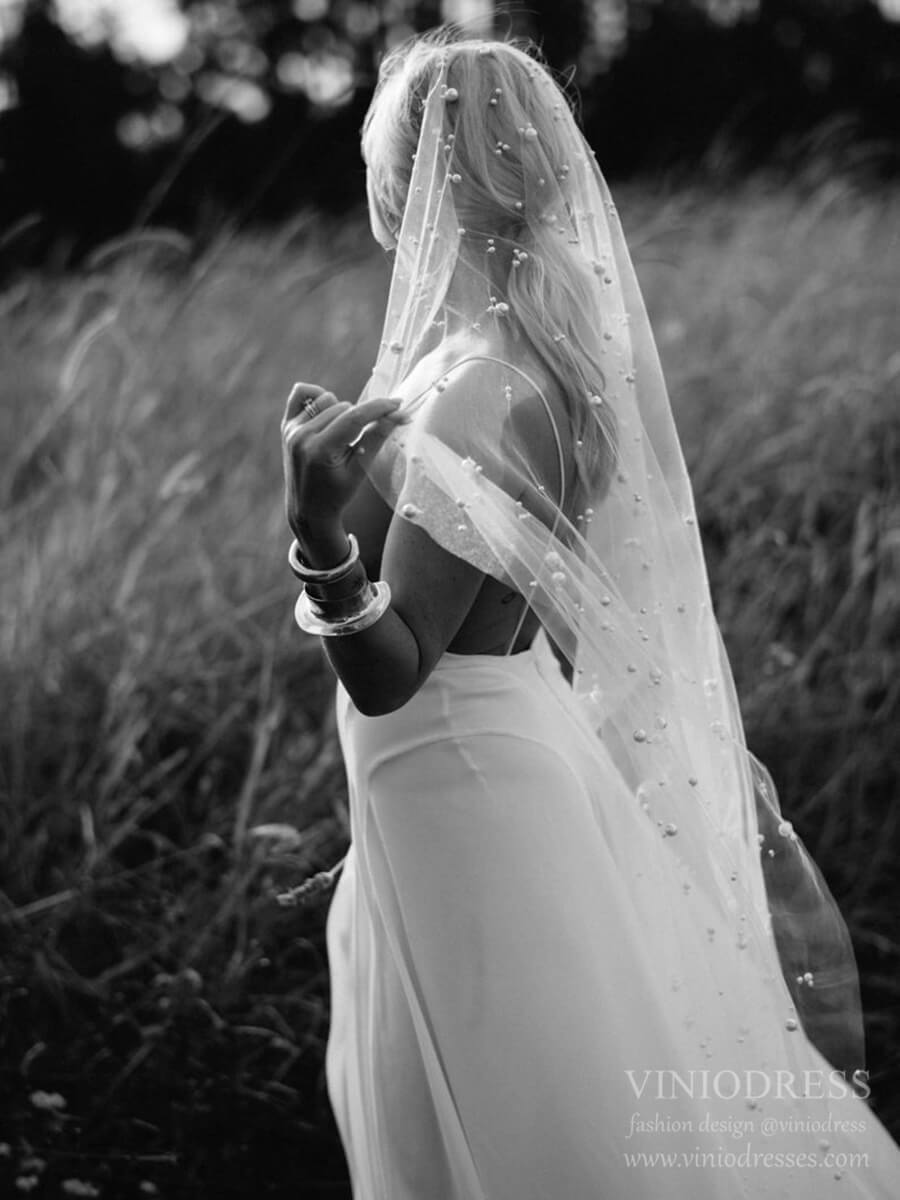 Fingertip Length Blusher Veils With Pearls Ivory Drop Veil AC1007-Veils-Viniodress-Ivory-Viniodress