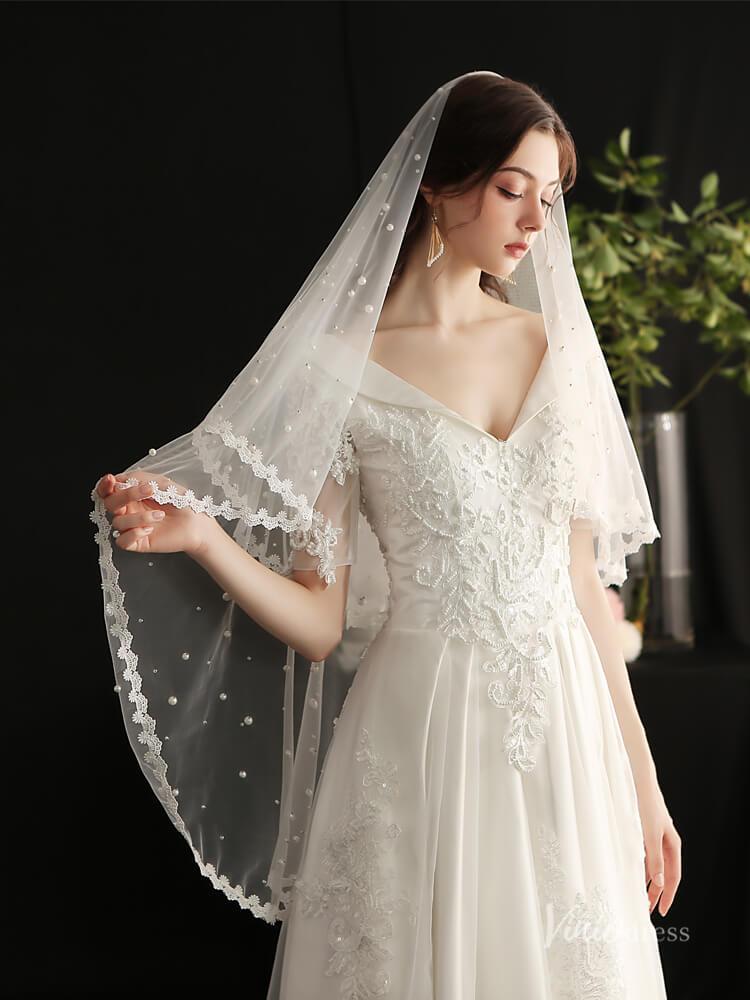 Fingertip Length Bridal Veil Pearls Lace Blusher Veils Viniodress AC1299-Veils-Viniodress-Ivory-Viniodress