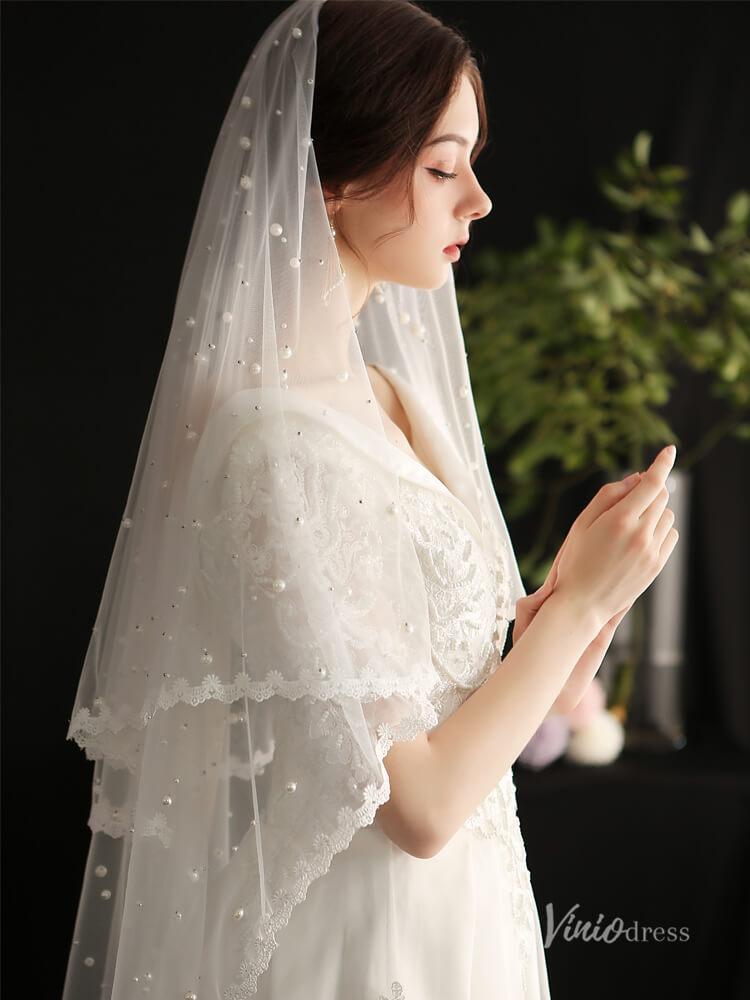 Fingertip Length Bridal Veil Pearls Lace Blusher Veils Viniodress AC1299-Veils-Viniodress-Ivory-Viniodress