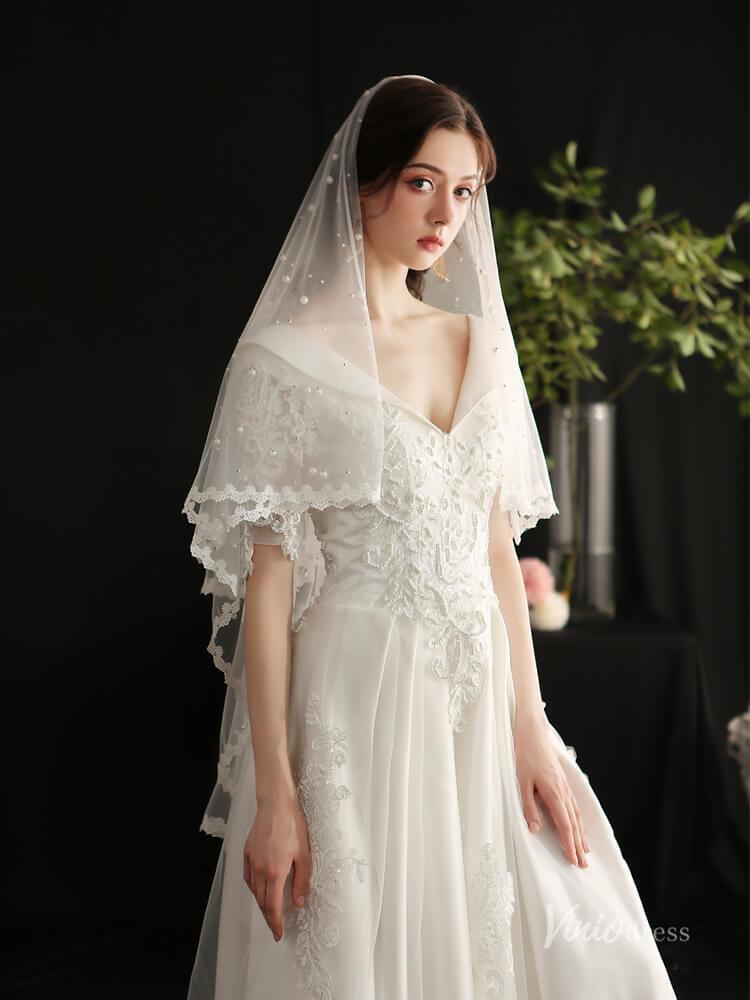 Fingertip Length Bridal Veil Pearls Lace Blusher Veils Viniodress AC1299-Veils-Viniodress-Ivory-Viniodress