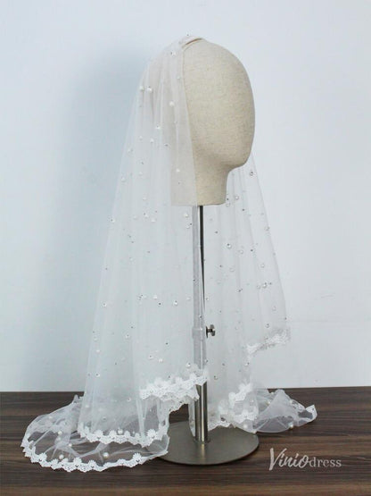 Fingertip Length Bridal Veil Pearls Lace Blusher Veils Viniodress AC1299-Veils-Viniodress-Ivory-Viniodress