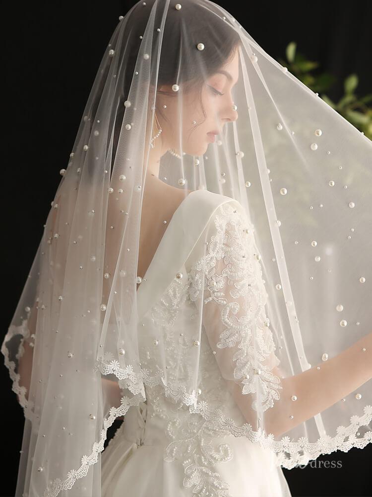 Fingertip Length Bridal Veil Pearls Lace Blusher Veils Viniodress AC1299-Veils-Viniodress-Ivory-Viniodress