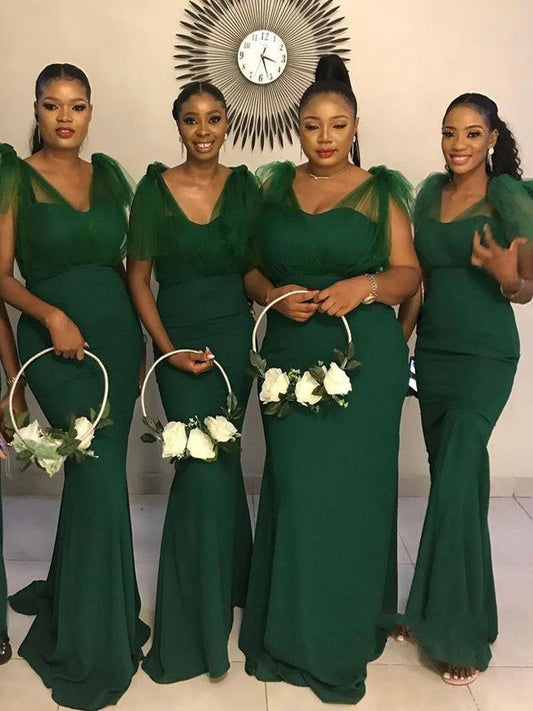 Floor-length Green Tulle Bridesmaid Dresses Mermaid Wedding Party Dress