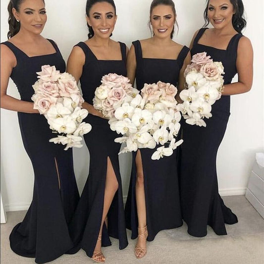 Floor Length Black Bridesmaid Dresses Square Mermaid Long Wedding Party Dress