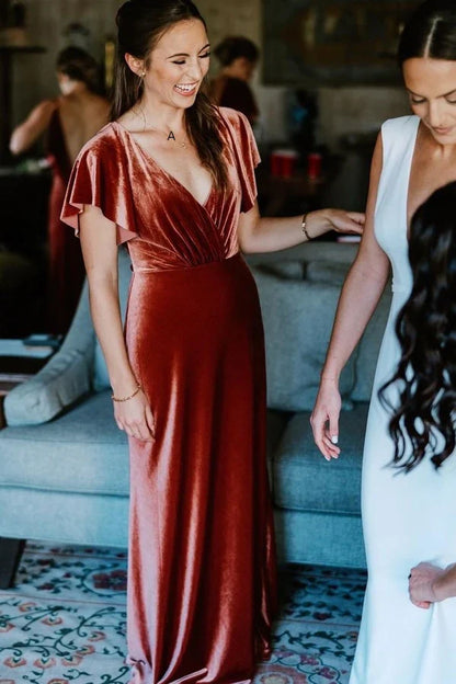 Mismatched Copper Bridesmaid Dress Velvet V Neck Mermaid Wedding Guest Dress