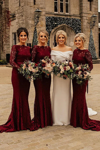 Floor Length Long Sleeves Burgundy Bridesmaid Dresses Lace Mermaid Belt