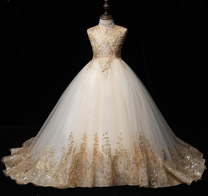 Golden Sequin Lace Ivory Tulle Ball Gown Wedding Flower Girl Dress Kids Party