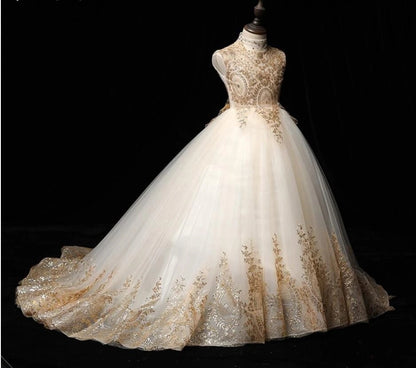 Golden Sequin Lace Ivory Tulle Ball Gown Wedding Flower Girl Dress Kids Party