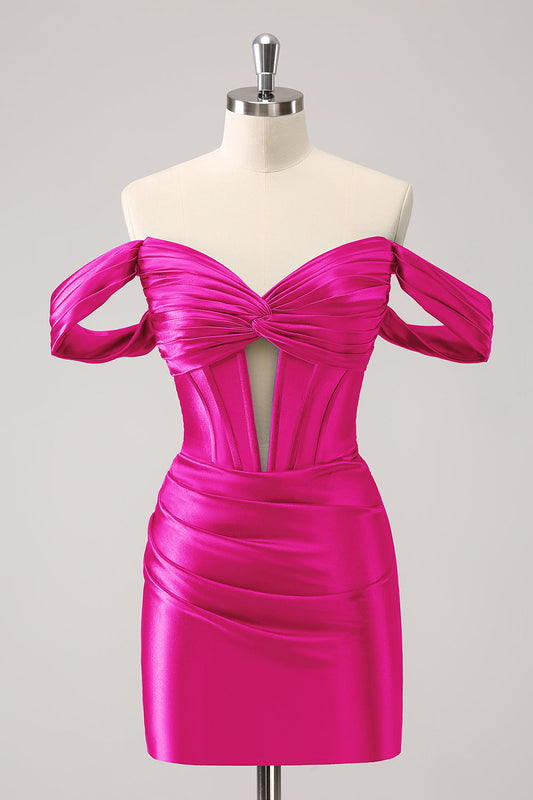 Stylish Fuchsia Bodycon Off The Shoulder Hollow Out Corset Short Homecoming Dress