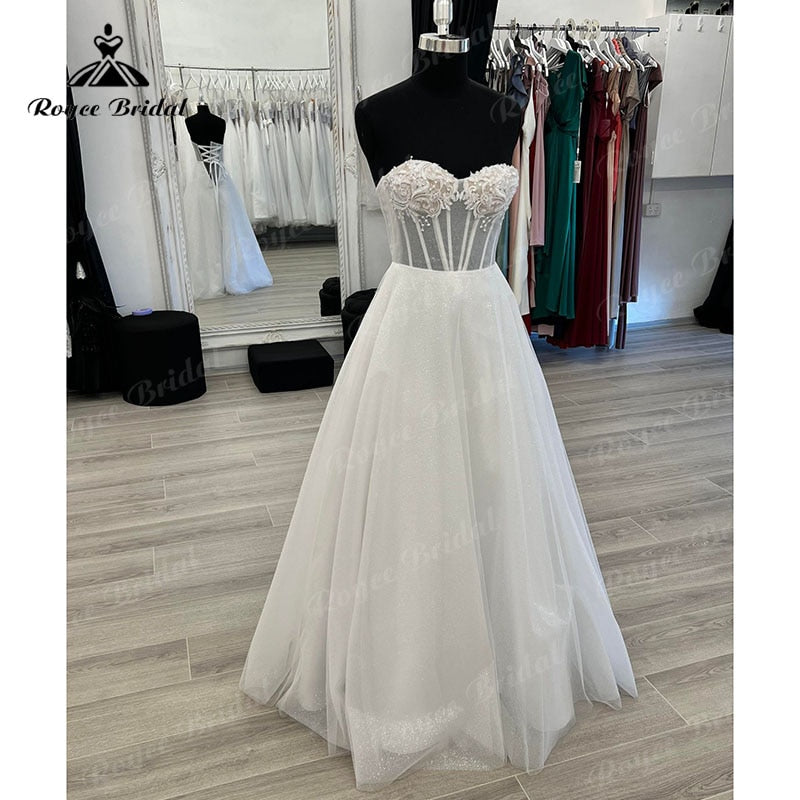 Roycebridal BRIDE,BRIDE EXPLORE All Wedding Dresses,BRIDE EXPLORE Custom Wedding Dresses 👗,BRIDE EXPLORE Plus SizeGlitter Off The Shoulder Corset Wedding Dress Lace Up Back 2022 Sweetheart Vestido Civil Bridal Beach Wedding Gowns Floor Length