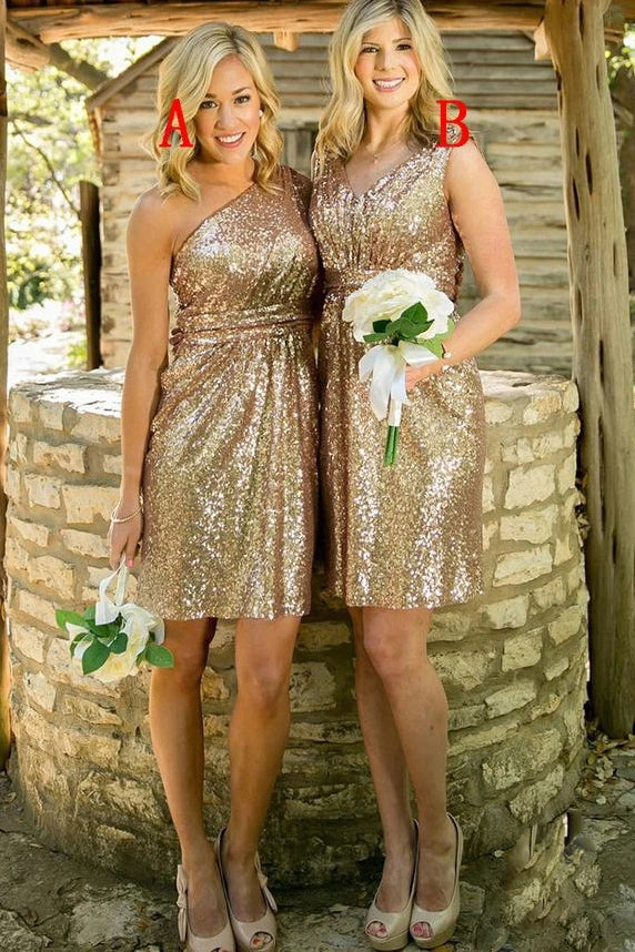 Roycebridal Sheath Gold Sequins Short Bridesmaid Dresses Sleeveless