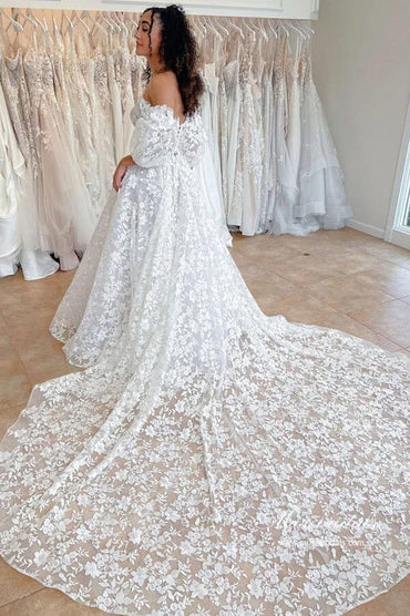 Gorgeous A-line Off-th-Shoulder Wedding Dresses With Lace Appliques, MW954 | bridal style | bohemian wedding dress | wedding dress stores | musebridals.com