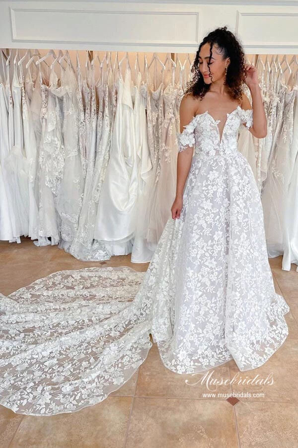 Gorgeous A-line Off-th-Shoulder Wedding Dresses With Lace Appliques, MW954 | cheap lace wedding dress | vintage wedding dress | wedding gown | musebridals.com