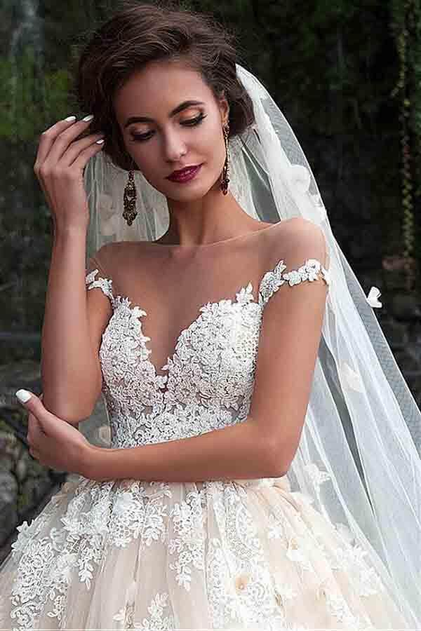 Gorgeous Ball Gown Cap Sleeves Wedding Dresses With Lace Appliques, MW993 | tulle wedding dress | a line wedding dress | v neck wedding dress | musebridals.com