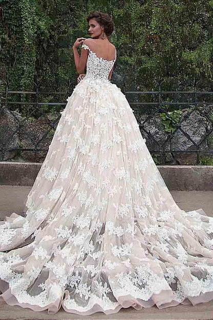 Gorgeous Ball Gown Cap Sleeves Wedding Dresses With Lace Appliques, MW993 | cheap lace wedding dress | wedding gown | bridal gown | musebridals.com