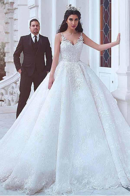 Gorgeous Ball Gown V-neck Lace Appliques Wedding Dresses, Bridal Gown, MW770 | bridal gowns | wedding dresses near me | wedding gown | musebridals.com