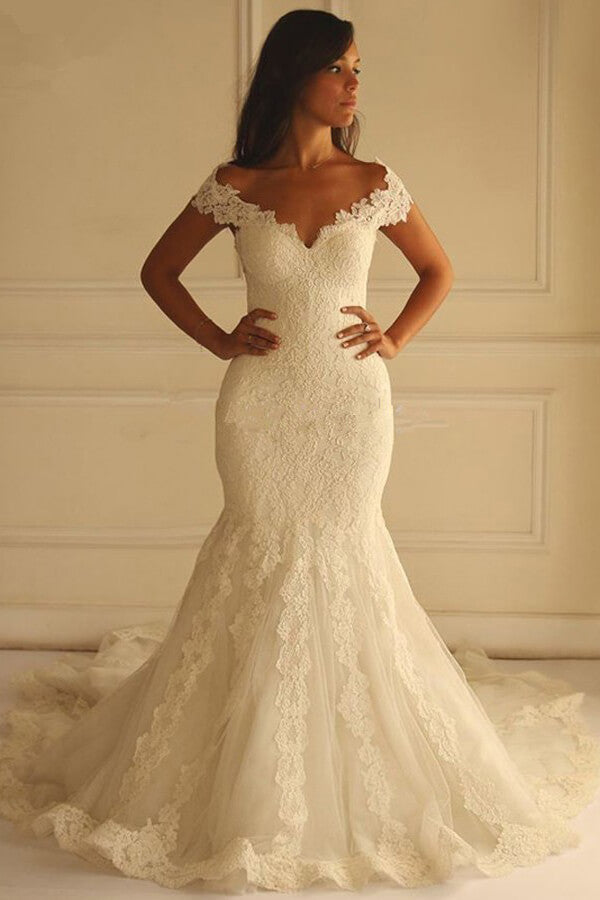 Gorgeous Ivory Mermaid Off-the-Shoulder Lace Wedding Dresses, MW587 | mermaid wedding dress | cheap lace wedding dress | bridal gown | www.musebridals.com