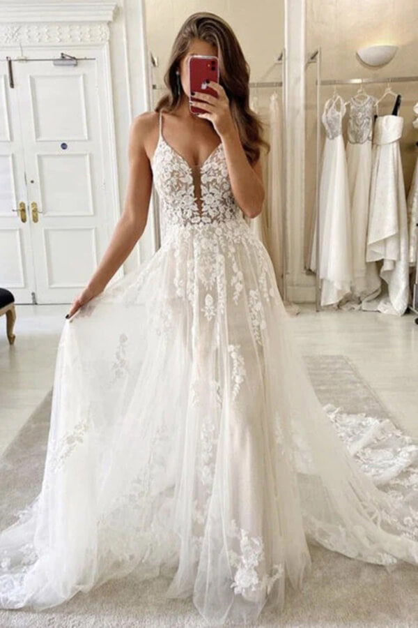 Gorgeous Ivory Tulle A-line Spaghetti Straps Lace Wedding Dresses, MW806 | cheap lace wedding dress | ivory lace wedding dresses | bridal gowns | musebridals.com