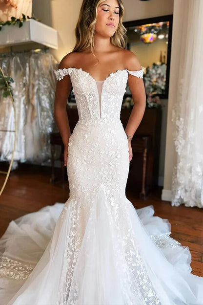 Gorgeous Ivory Tulle Mermaid V-neck Lace Appliqued Wedding Dresses, MW1002 | wedding dresses near me | wedding dresses stores | affordable wedding dress | musebridals.com