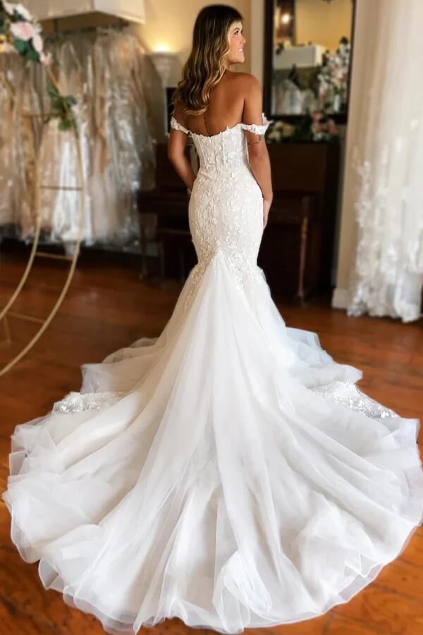 Gorgeous Ivory Tulle Mermaid V-neck Lace Appliqued Wedding Dresses, MW1002 | cheap wedding dress | bridal gown | bohemian wedding dress | musebridals.com