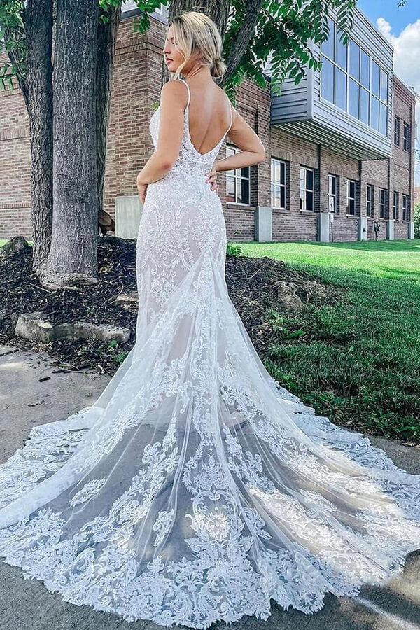 Gorgeous Lace Mermaid Deep V-neck Wedding Dresses, Bridal Gowns, MW714 | wedding dresses online | cheap lace wedding dresses | wedding gowns | bohemian wedding dresses | www.musebridals.com