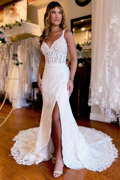 Gorgeous Mermaid Backless V-neck Lace Appliques Wedding Dresses, MW1018 | lace wedding dress | mermaid wedding dress | vintage wedding dress | musebridals.com