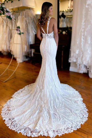 Gorgeous Mermaid Backless V-neck Lace Appliques Wedding Dresses, MW1018 | cheap wedding dress | bohemian wedding dress | wedding gown | musebridals.com