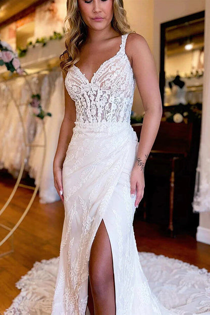 Gorgeous Mermaid Backless V-neck Lace Appliques Wedding Dresses, MW1018 | v neck wedding dress | wedding dresses stores | bridal gown | musebridals.com