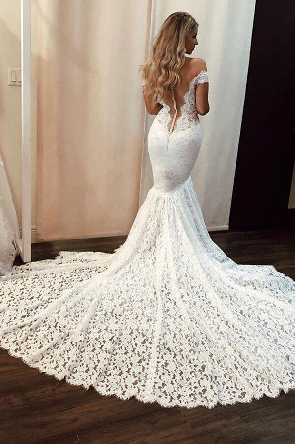 Gorgeous Mermaid Off Shoulder V-neck Court Train Lace Wedding Dresses, MW779 | lace wedding dresses | mermaid wedding dresses | wedding dresses stores | musebridals.com