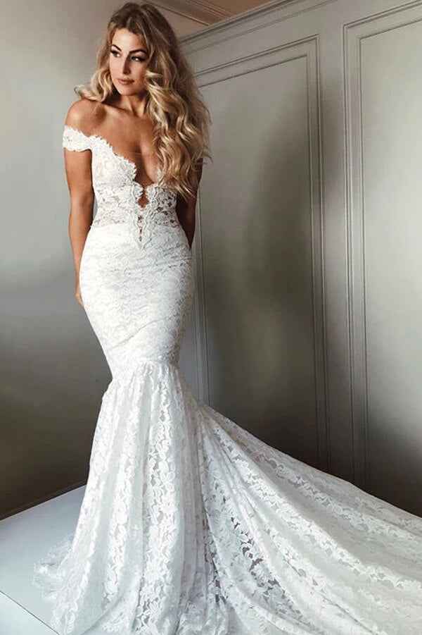 Gorgeous Mermaid Off Shoulder V-neck Court Train Lace Wedding Dresses, MW779 | wedding gowns | cheap wedding dresses online | bohemian wedding dress | musebridals.com