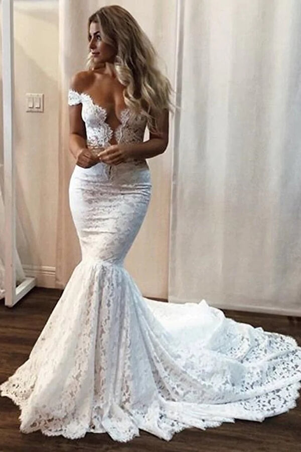 Gorgeous Mermaid Off Shoulder V-neck Court Train Lace Wedding Dresses, MW779 | vintage wedding dresses | cheap lace wedding dresses | bridal gowns | musebridals.com